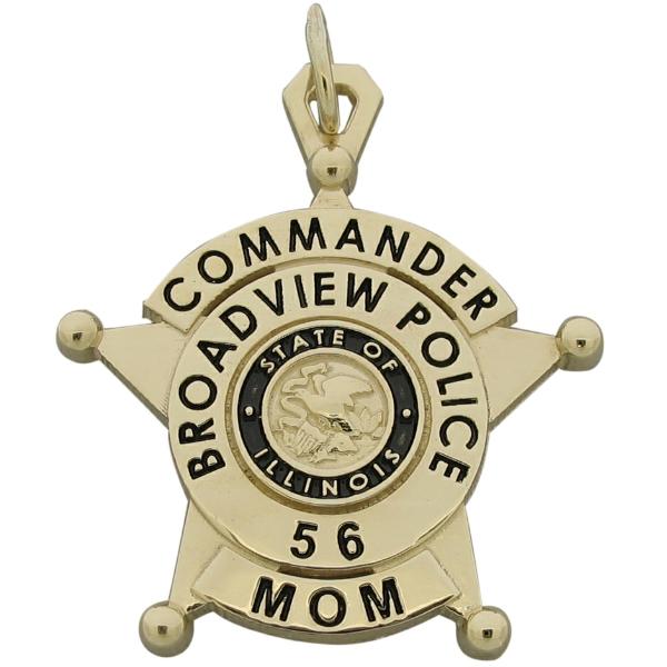Custom Broadview IL Police Commander badge pendant in 10k yellow gold with black enamel.
