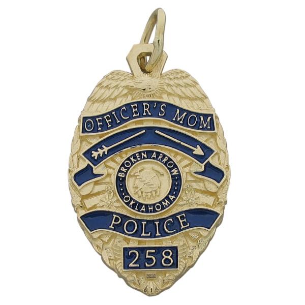 Custom Broken Arrow OK Police Officer badge pendant in 14k yellow gold with blue enamel.