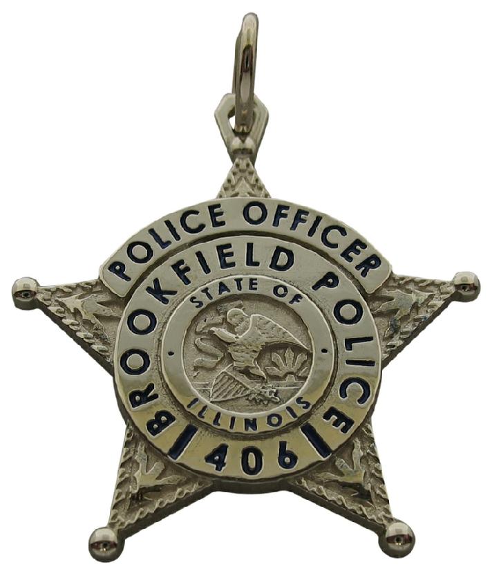 Custom Brookfield IL Police Officer badge pendant in 14k white gold with black enamel.