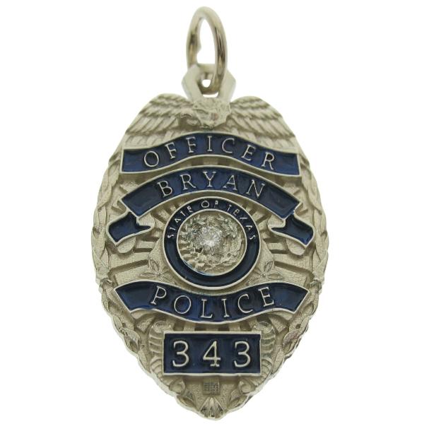 Custom Bryan TX Police Officer badge pendant in 14k white gold with blue enamel.