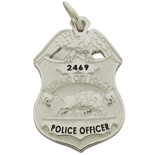 Custom Buffalo City NY Police Officer memorial badge pendant in sterling silver with black enamel.