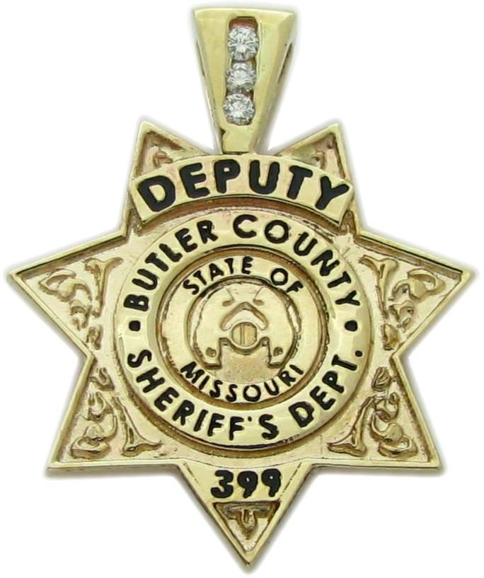 Butler County, Missouri MO Sheriff's Department Deputy's custom badge pendant in 10k yellow gold with optional 3 diamond bail