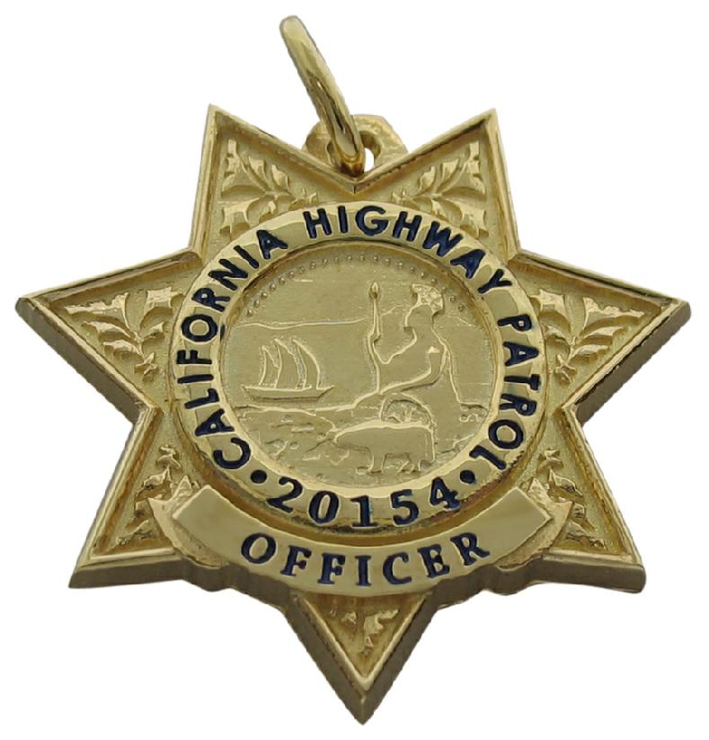Custom California Highway Patrol Officer memorial badge pendant in gold plated sterling silver with black enamel.