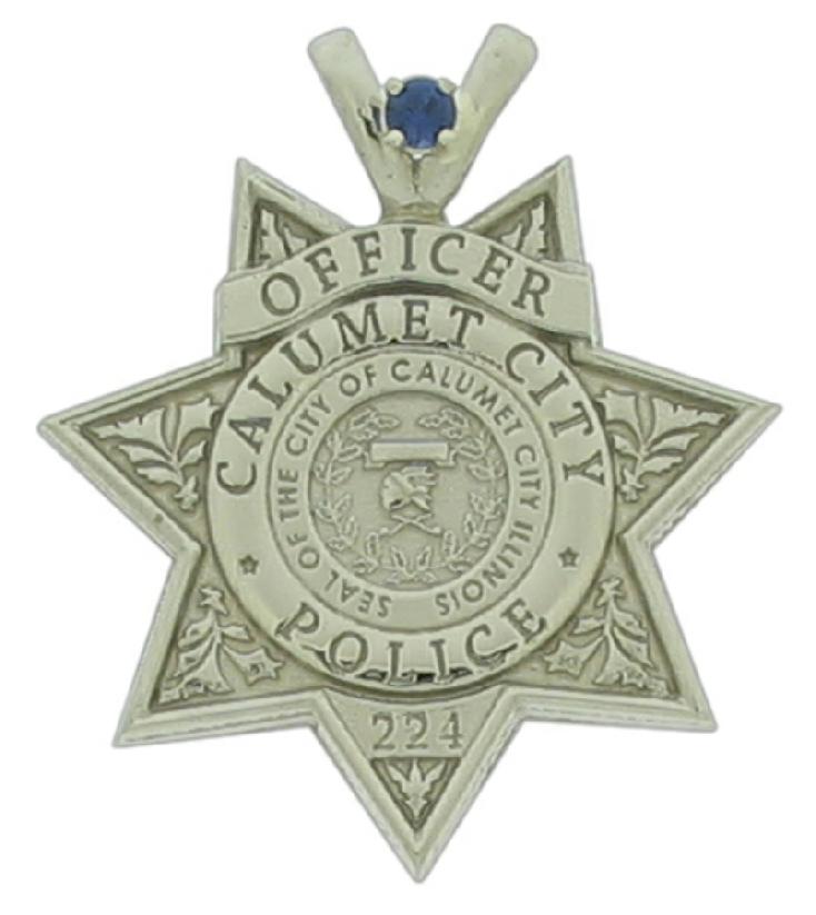 Calumet City, Illinois IL Police Officer badge pendant, 14k white gold, blue sapphire