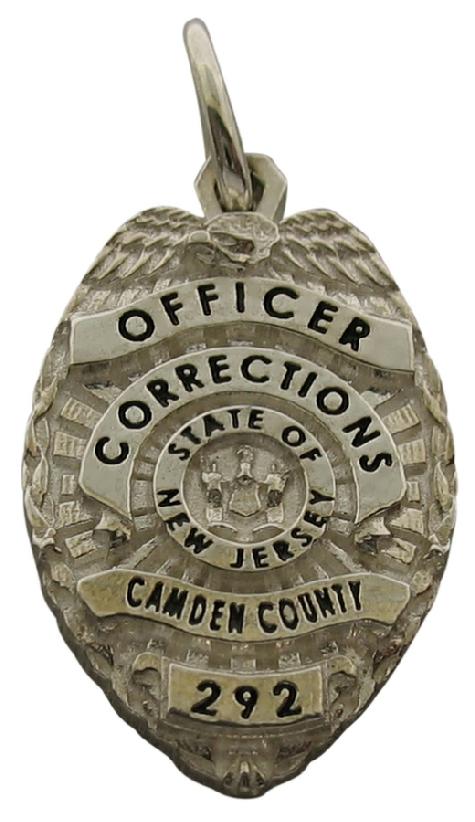 Custom Camden NJ Corrections Officer badge pendant in sterling silver with black enamel.