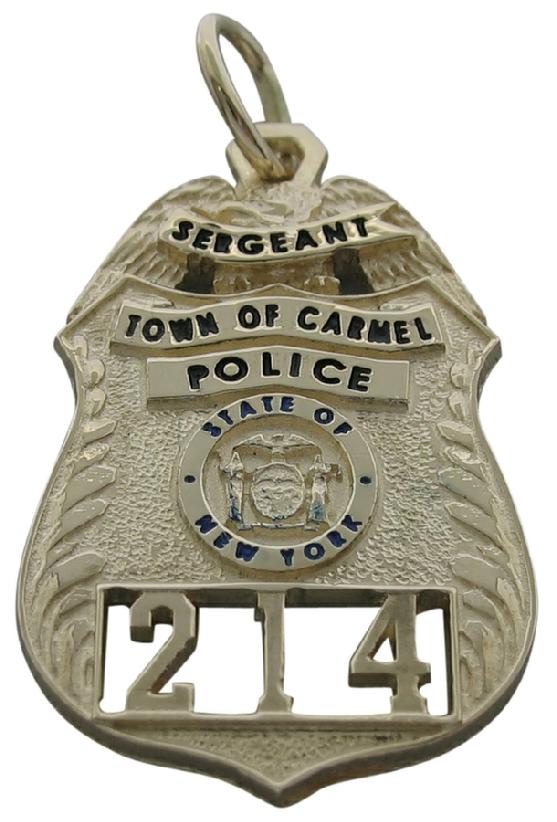 Custom Town of Carmel, NY Police Sergeant badge pendant with blue enamel and badge number cutout.