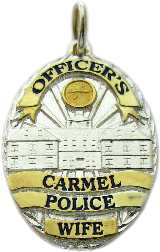 Carmel, Indiana IN Police Officer custom badge pendant in sterling silver with gold plated ribbons