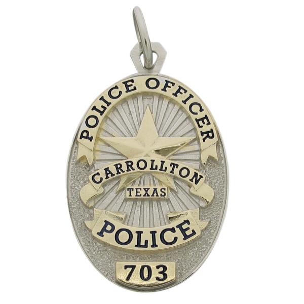 Custom Carrollton TX Police Officer badge pendant in two tone 10k gold with black enamel.