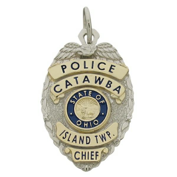 Custom Catawba OH Police Chief badge pendant in two tone 10k gold with enamel highlights.