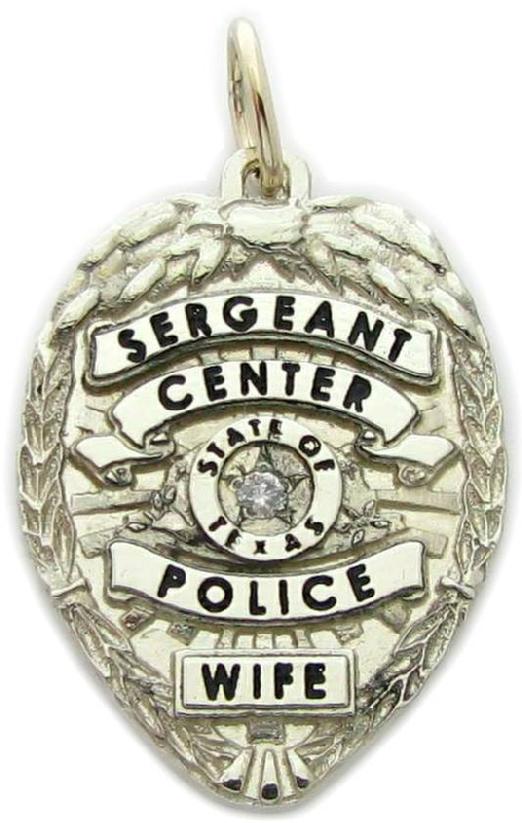 Center, Texas TX Police Department Sergeant custom mini-badge pendant in 10k white gold with round brilliant diamond