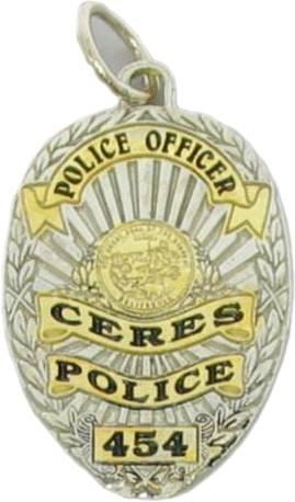 Ceres, California CA Police Officer custom badge charm pendant in sterling silver with gold plated ribbons and center seal