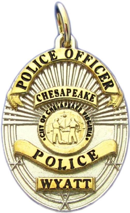 Chesapeake, Virginia VA Police Department custom badge pendant in 10k white gold with gold plated ribbons and center detail