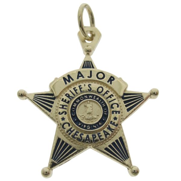 Custom Chesapeake VA Sheriff Major badge pendant in 10k yellow gold with blue enamel.