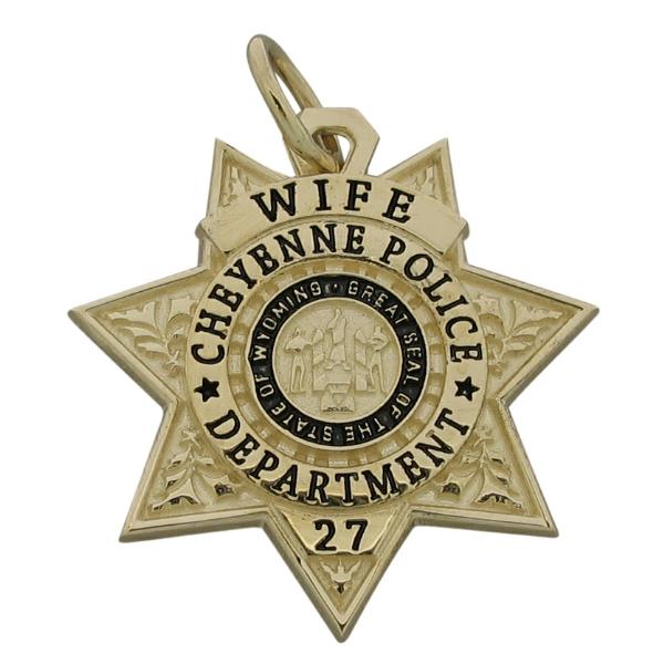 Custom Cheyenne (WY) Police Officer badge pendant in 10k yellow gold with enamel.