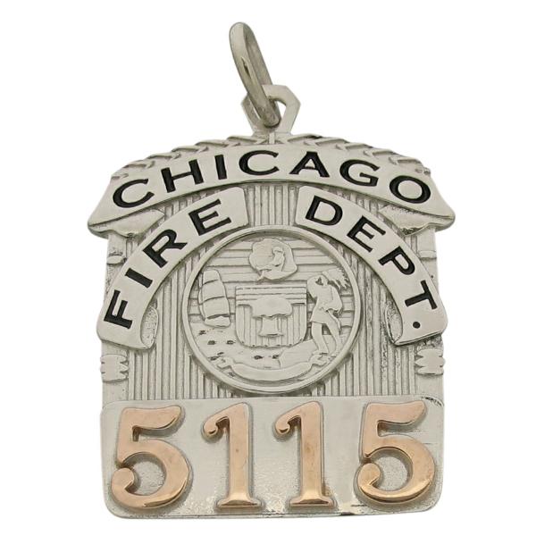 Custom Chicago IL Firefighter memorial badge pendant in 14k rose gold with rhodium plate two tone finish and black enamel.