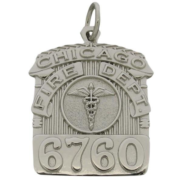 Custom Chicago IL Fire Department EMS badge pendant in 10k white gold.