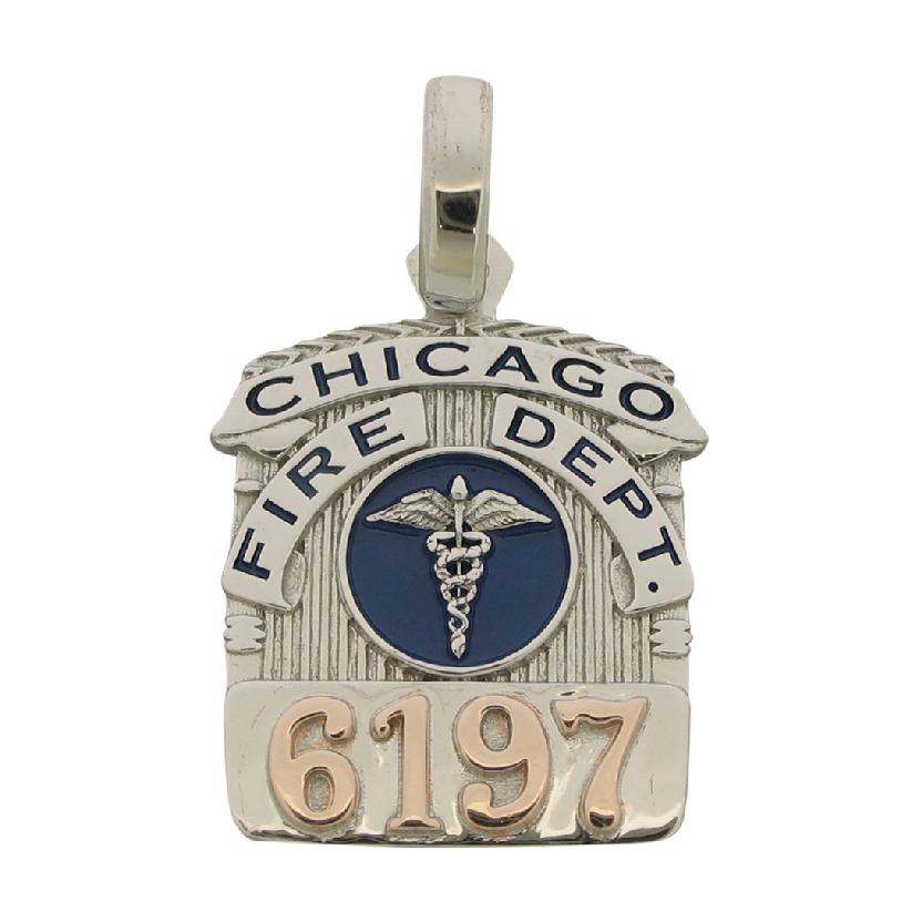 Custom Chicago IL Fire Department EMS badge pendant in 14k rose gold with rhodium plate and blue enamel.