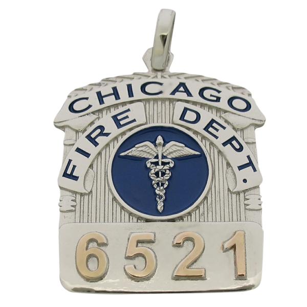 Custom Chicago IL Fire Department EMS badge pendant in 14k white gold with rose gold plated badge number and blue enamel.