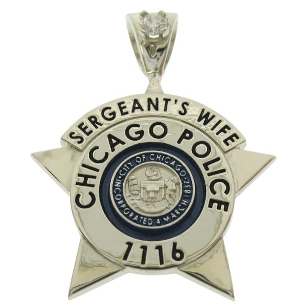 Custom Chicago IL Police Sergeant badge pendant in 10k white gold with a 0.05 ct. round brilliant diamond set on a 'Y' bail.