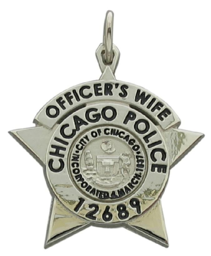 Custom Chicago, Illinois Police Officer's Wife badge pendant in 10k white gold with black enamel.
