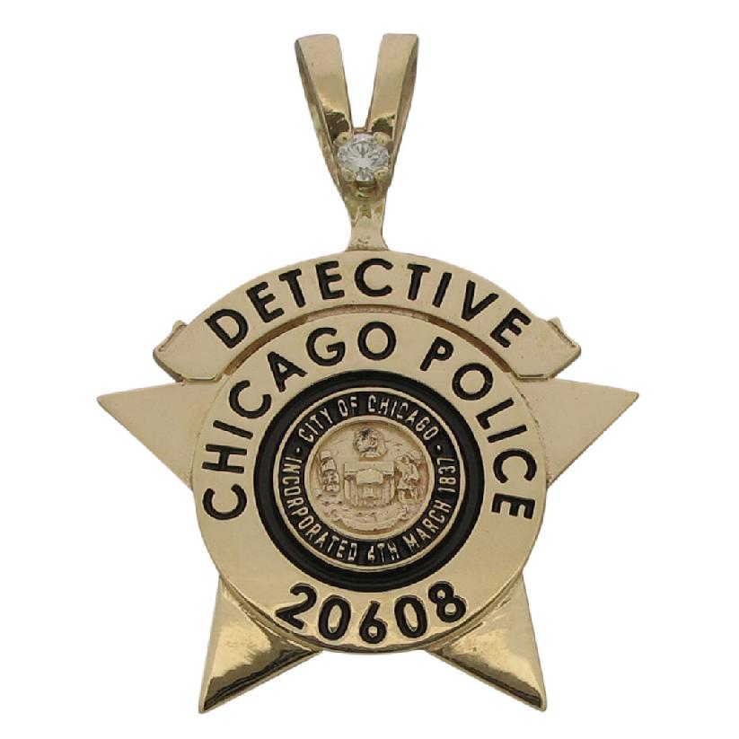 Custom Chicago IL Police Detective badge pendant with optional 'Y' pendant bail and 0.05ct. round brilliant diamond and black enamel.