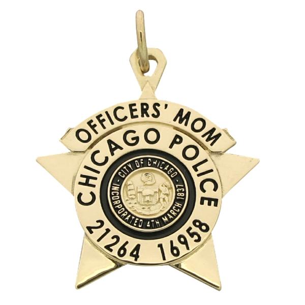Custom Chicago Police Officers' Mom badge pendant in 14k yellow gold with dual CPD star numbers and black enamel text and highlights.