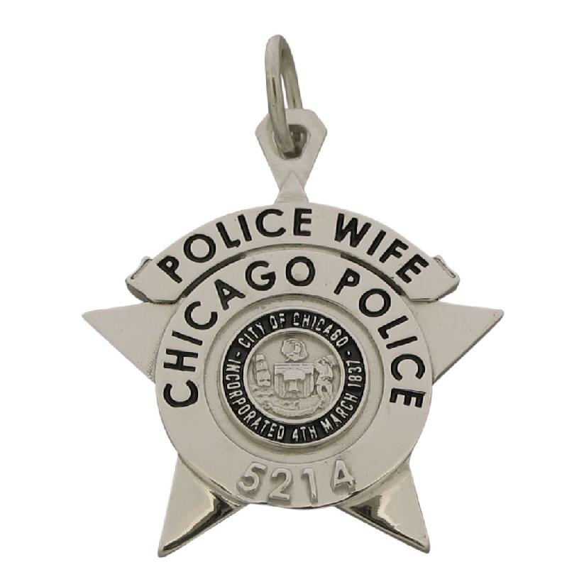 Custom Chicago IL Police Officer badge pendant with black enamel and raised star number.