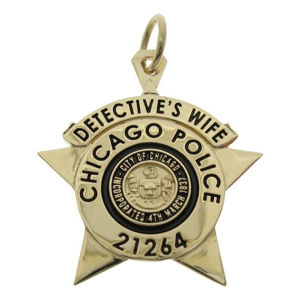 Custom Chicago Police Detective's badge pendant in 14k yellow gold with black enamel.