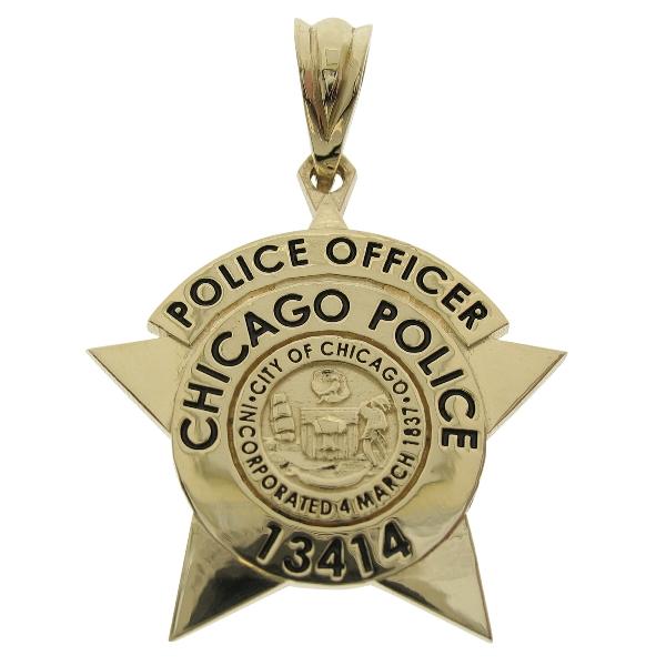 Custom Chicago IL Police Officer star pendant in 14k yellow gold, black enamel.