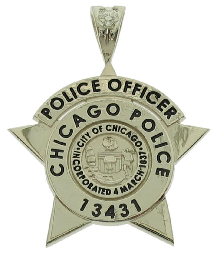 Custom Chicago Police Officer badge pendant in 18k white gold with special 'Y' pendant bail with a 0.10 ct. round brilliant diamond.