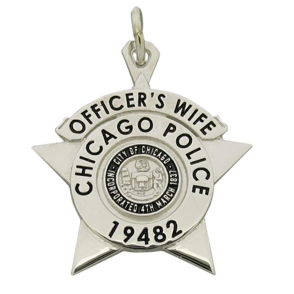 Custom Chicago IL Police Officer star badge pendant in sterling silver with black enamel.