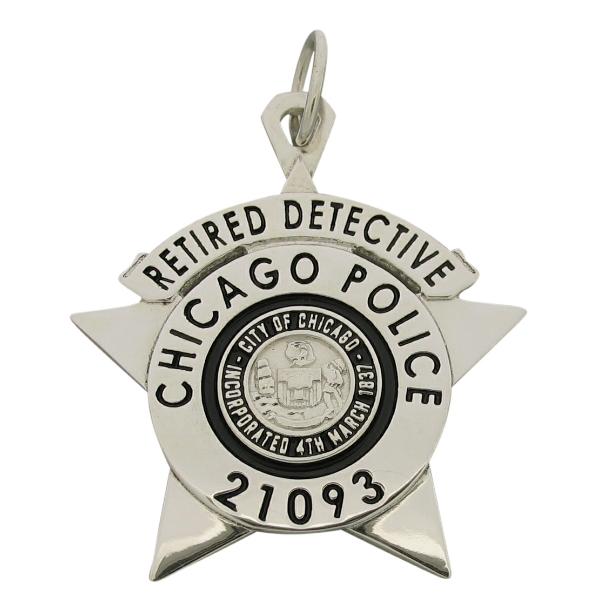 Chicago IL Police Detective custom star badge pendant in sterling silver with black enamel.