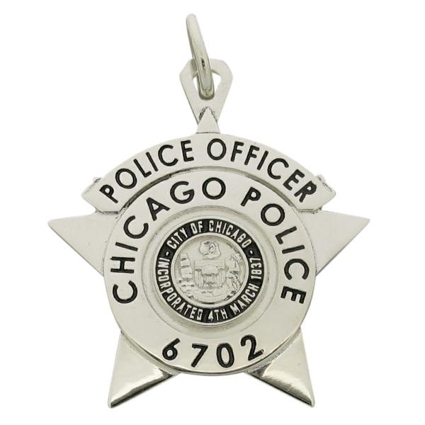 Chicago IL Police Officer custom star badge pendant in sterling silver with black enamel.