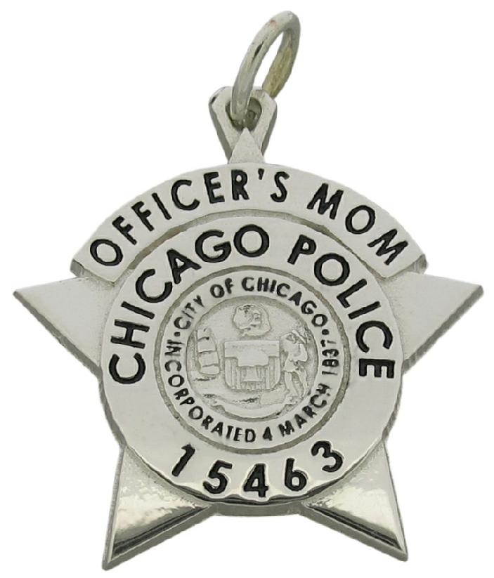 Custom Chicago Police Officer's Mom badge pendant in sterling silver with black enamel text.