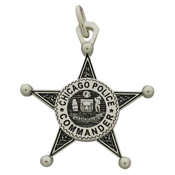 Custom Chicago IL Police Commander memorial badge pendant in sterling silver with black antique finish.