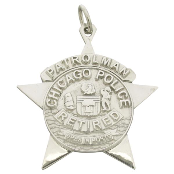 Custom vintage style Chicago IL Police Patrolman badge pendant in sterling silver with raised detail.