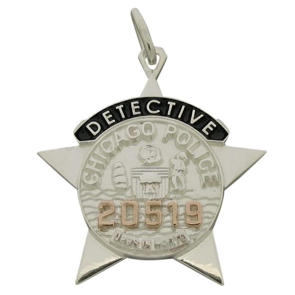 Custom Chicago Police Detective vintage style star badge pendant in sterling silver with rose gold plated raised numbers.