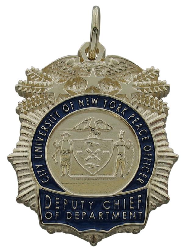 Custom City University of New York Police Deputy Chief memorial badge pendant in 10k yellow gold with standing letter ribbons and blue enamel.