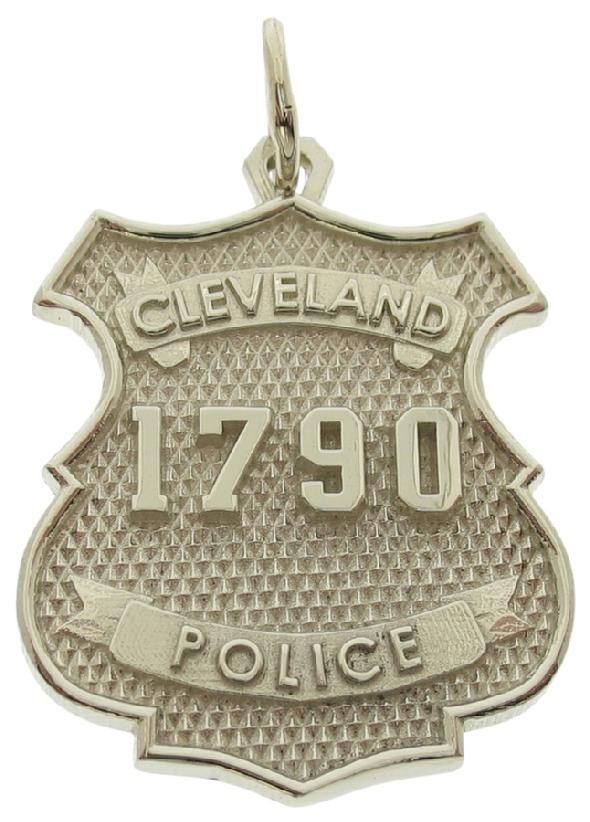 Custom Cleveland OH Police Officer badge pendant in 10k white gold with raised text and badge number.