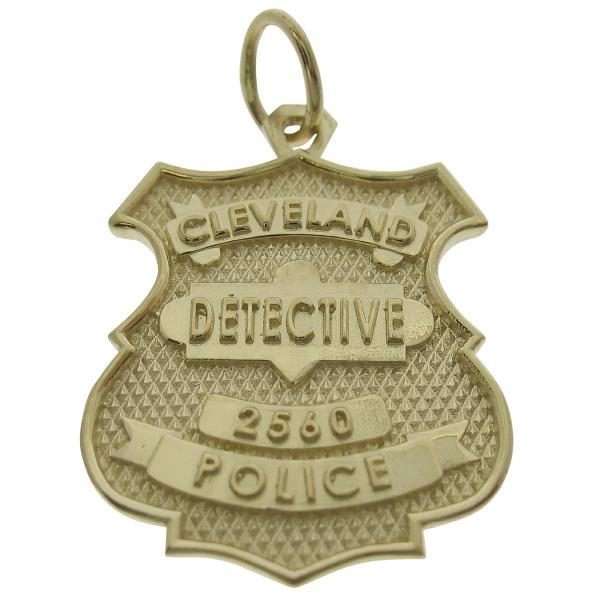 Custom Cleveland (OH) Police Detective badge pendant in 14k yellow gold with all raised numbers and text.