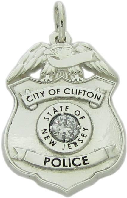 Custom Clifton, New Jersey Police Officer badge pendant in sterling silver with optional bead-set