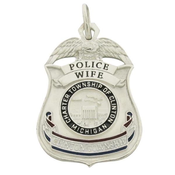Custom Clinton Twp. (MI) Police Officer badge pendant in sterling silver with red, white, blue, and black enamel.