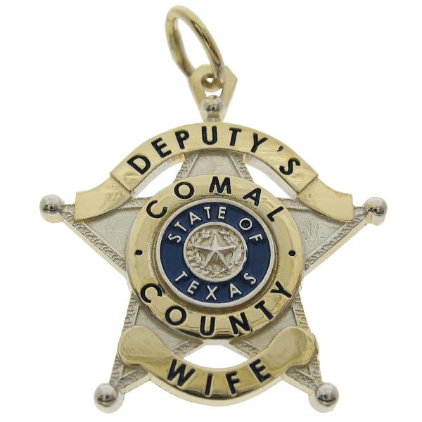Custom Comal County TX Sheriff's Deputy's Wife badge pendant in 14k gold with two finish and blue and black enamel.