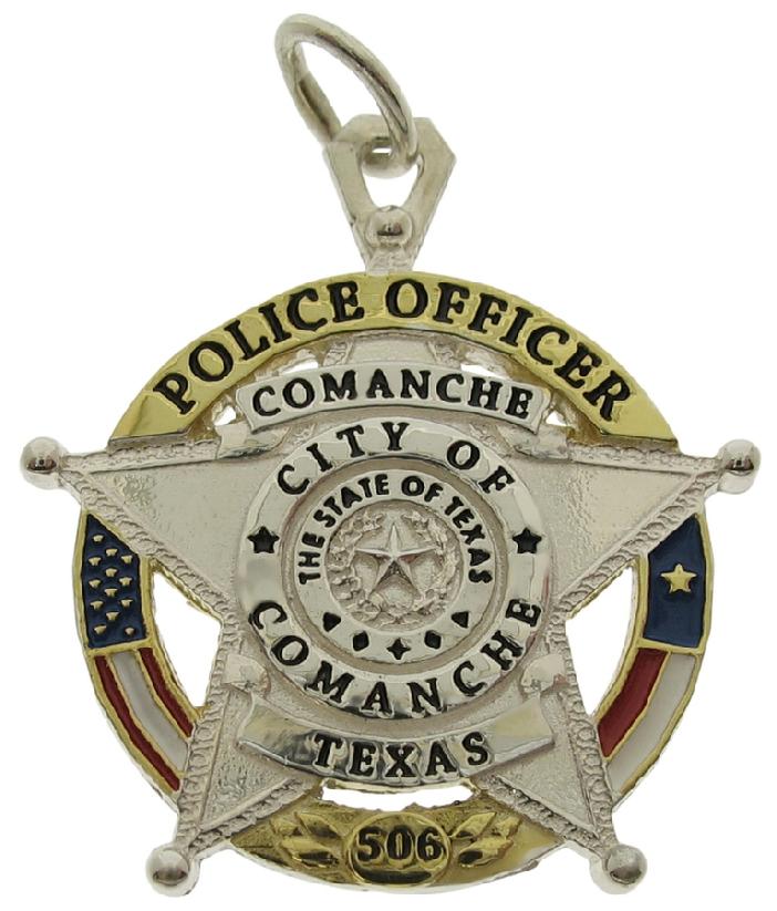 Custom Comanche TX Police Officer badge pendant in sterling silver with gold plated two tone finish and red, white, blue, and black enamel highlights.