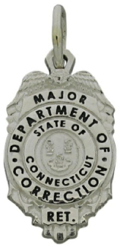 Custom Connecticut Department of Corrections Major badge pendant in sterling silver with black enamel text.