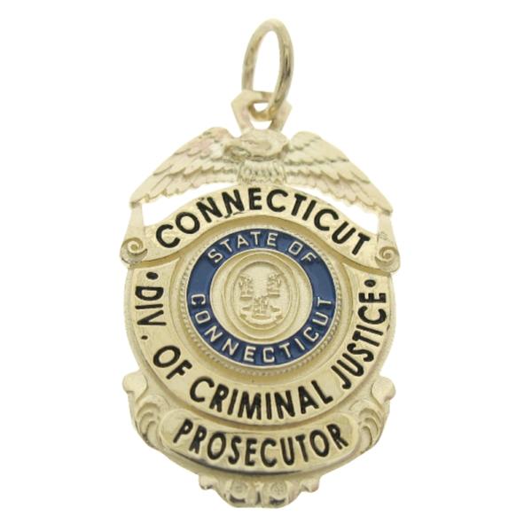 Custom Connecticut Department of Criminal Justice Prosecutor badge pendant in 10k yellow gold with blue and black enamel.