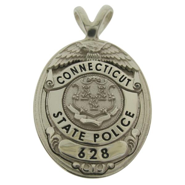Custom Connecticut State Police badge pendant in 14k white gold, black enamel.