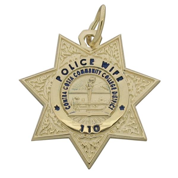 Custom Contra Costa CA Community College Police Officer badge pendant in 10k yellow gold with enamel.
