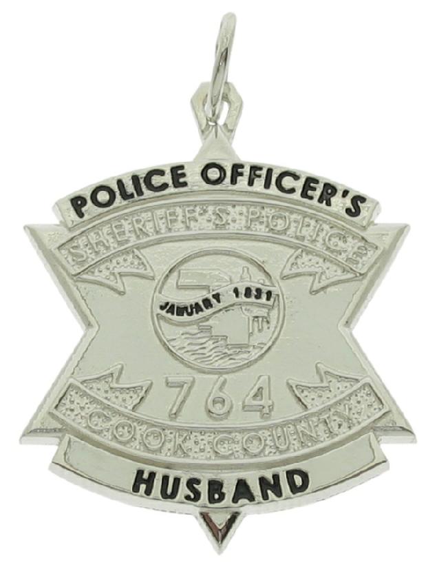 Custom Cook County, Illinois Sheriff's Police Officer's husband badge pendant in sterling silver. Raised and black engraved text.