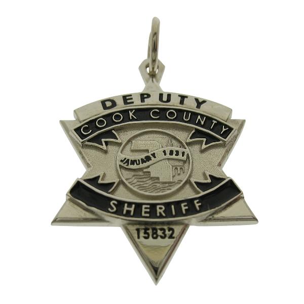 Custom Cook County IL Sheriff's Deputy badge pendant in 14k white gold with black enamel.